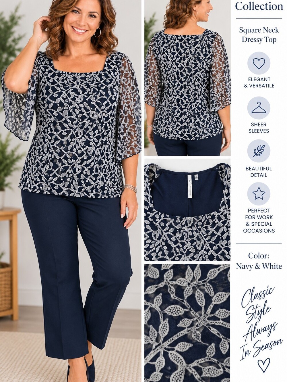 NY Collection Navy Blouse with White Vine Overlay